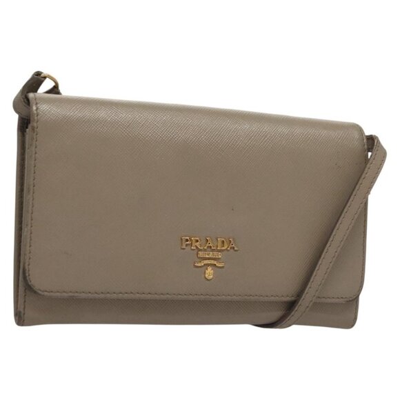 PRADA Shoulder Wallet Bag Safiano leather Beige Gold Auth 133393 - Picture 1 of 16